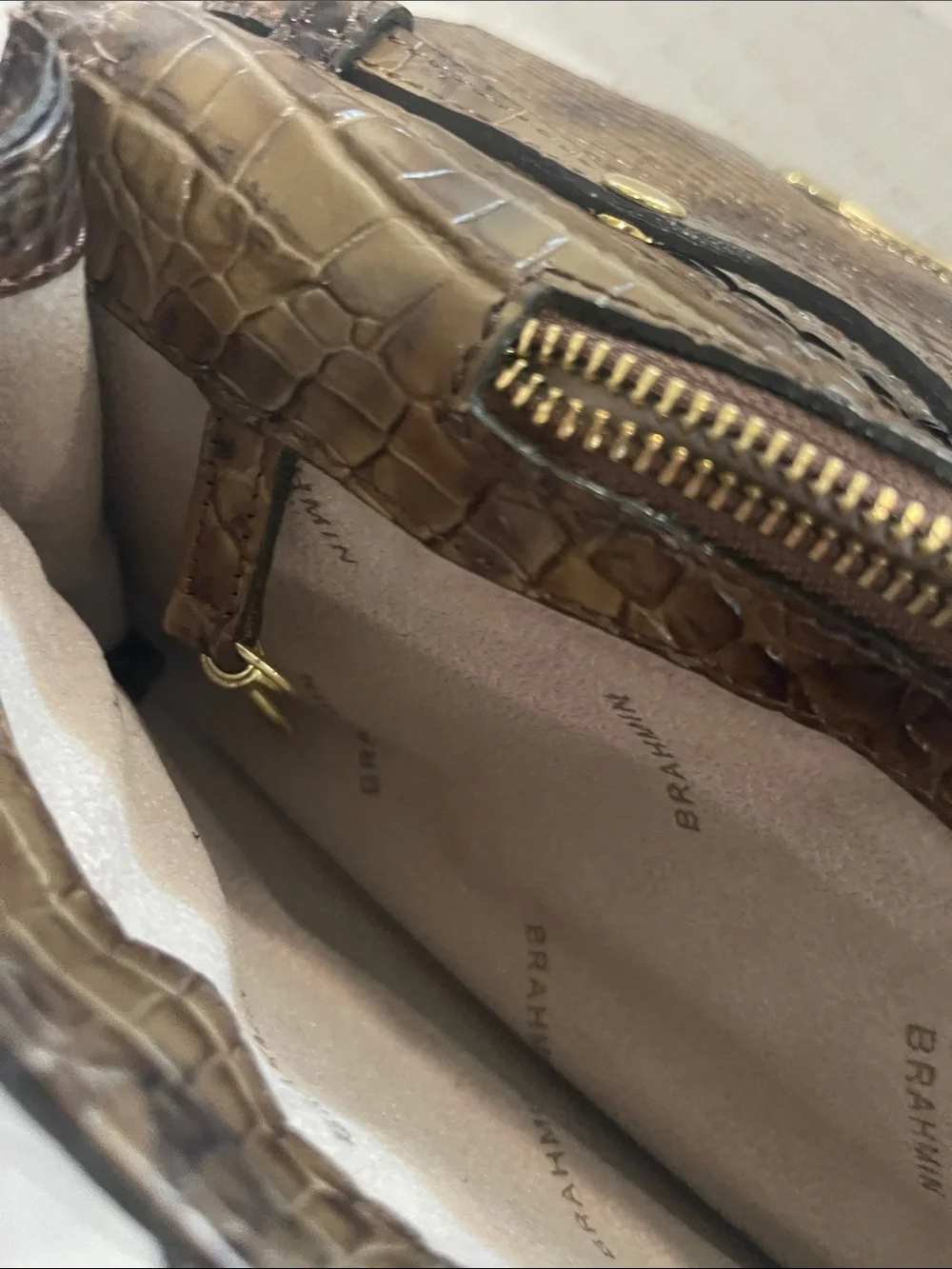 Brahmin Brown Croc-Embossed Leather Clutch with Gold Bar